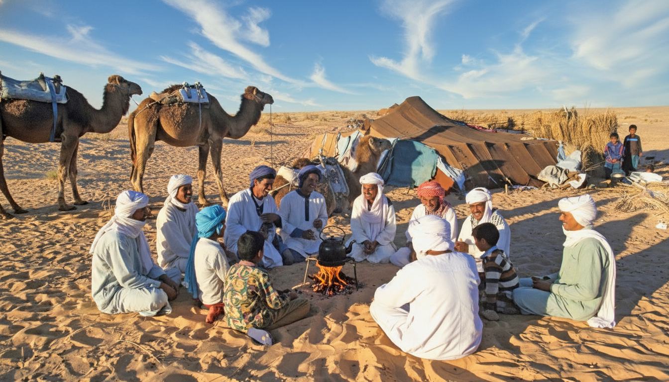 Joyful Bedouin men laughing and chatting in a group, sharing stories and enjoying community in the desert.