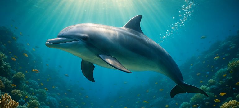 A dolphin swimming gracefully underwater.