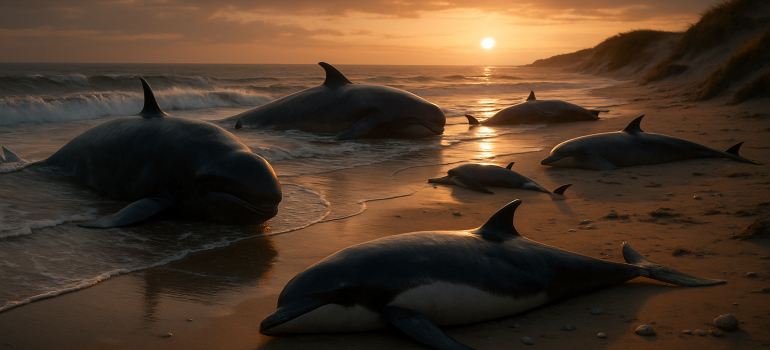 A group of beached whales and dolphins on the shore