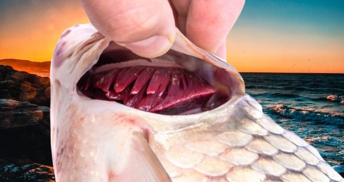 A man's hand shows the gills of a fresh carp fish, close-up
