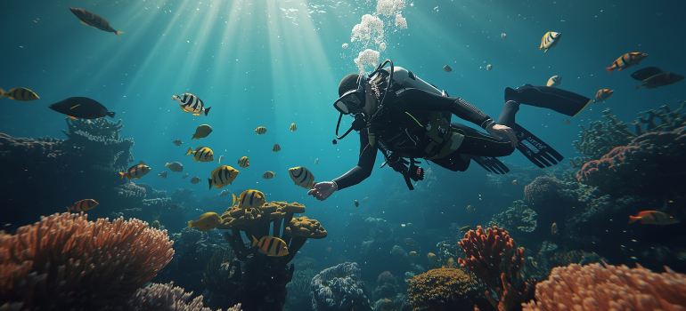 Colorful fish swimming near diver