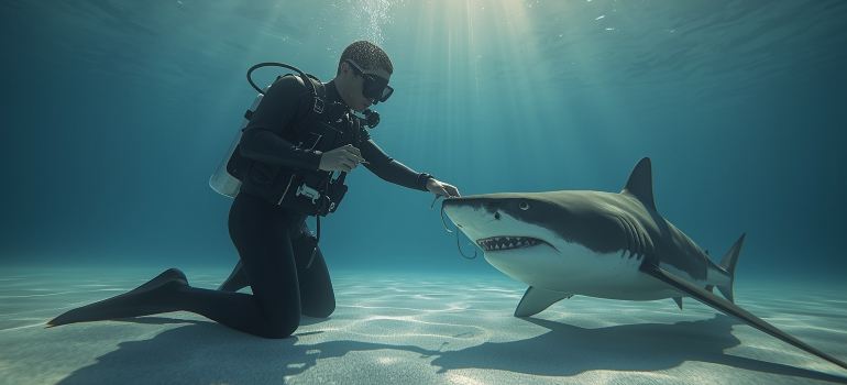 Diver gently removing a fishing hook from a tiger shark’s mouth
