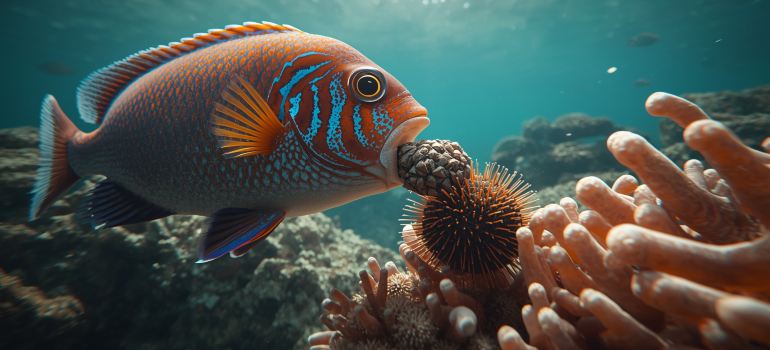 Fish using a rock to break a sea urchin