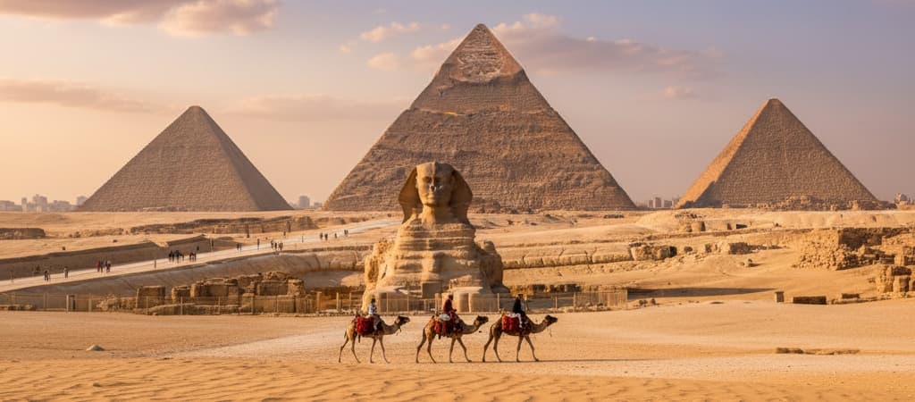 The Giza Pyramids and the Great Sphinx at sunset, with Khafre's Pyramid centered and prominent.