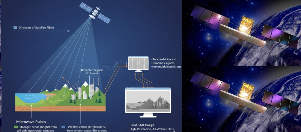 Diagram illustrating Synthetic Aperture Radar (SAR) operation from a satellite: The satellite moves along its flight path, sending microwave pulses laterally to the ground and collecting the backscattered echoes over a period to synthesize a large, high-resolution aperture.