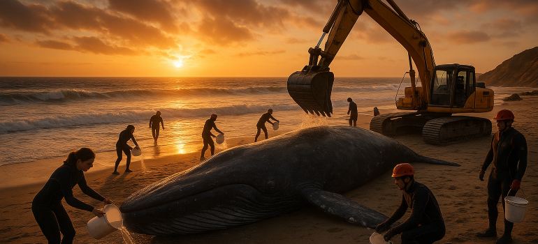 whale on the beach during sunset