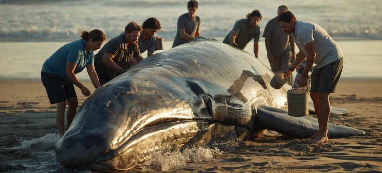 whale laying on the beach surrouned by people