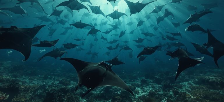 a lot of manta rays in the ocean