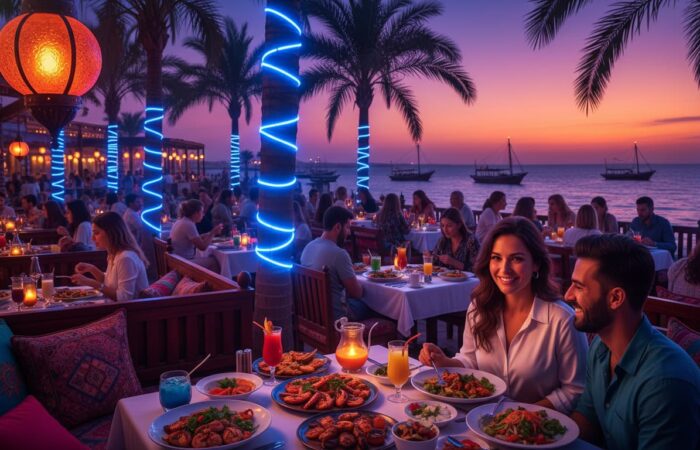 A vibrant table setting at one of Hurghada's top restaurants, showcasing delicious food and a lively atmosphere for an unforgettable dining experience in Egypt.