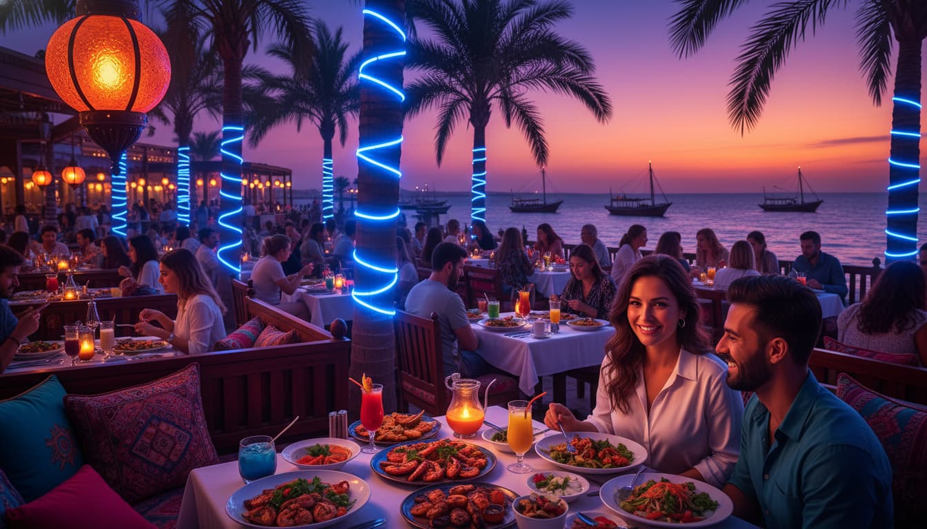 A vibrant table setting at one of Hurghada's top restaurants, showcasing delicious food and a lively atmosphere for an unforgettable dining experience in Egypt.
