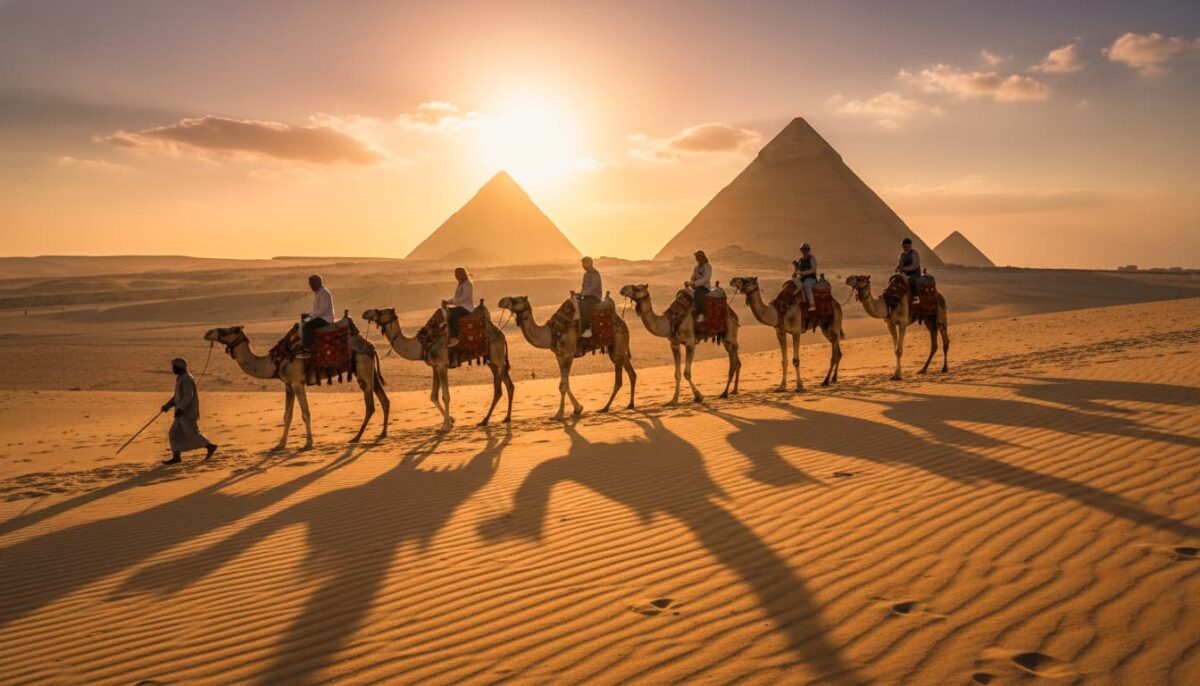 Bedouin with a few tourists on camels in front Pyramids