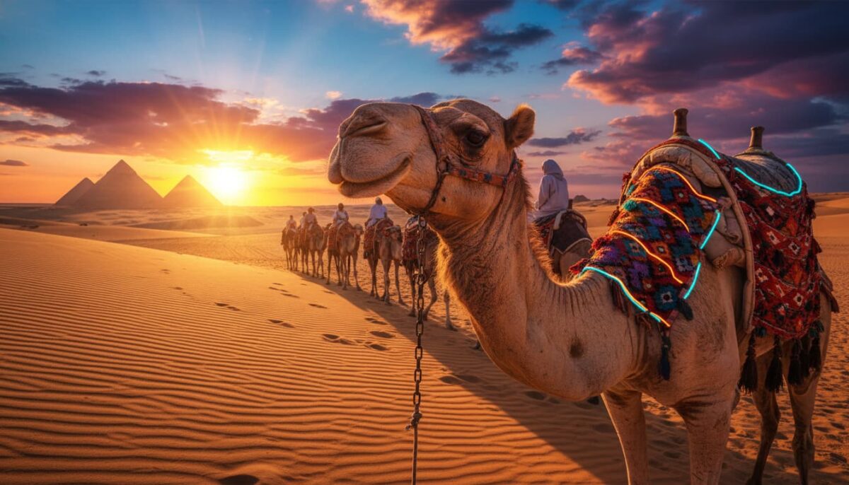 a column of camels with people riding them towards the pyramids