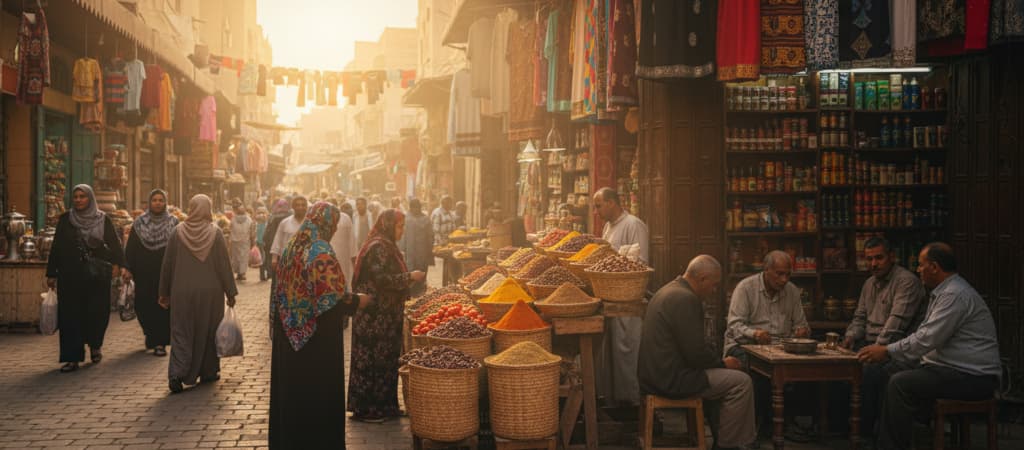 street full of people with spices shop in the front and men playing game around the table