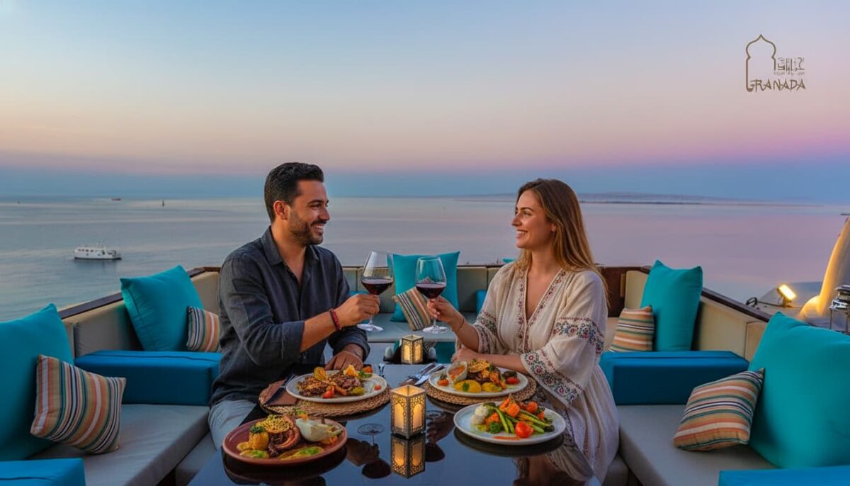 Two guests enjoying wine at Granada Restaurant & Pub, a perfect spot for dining and drinks in Granada, Spain.