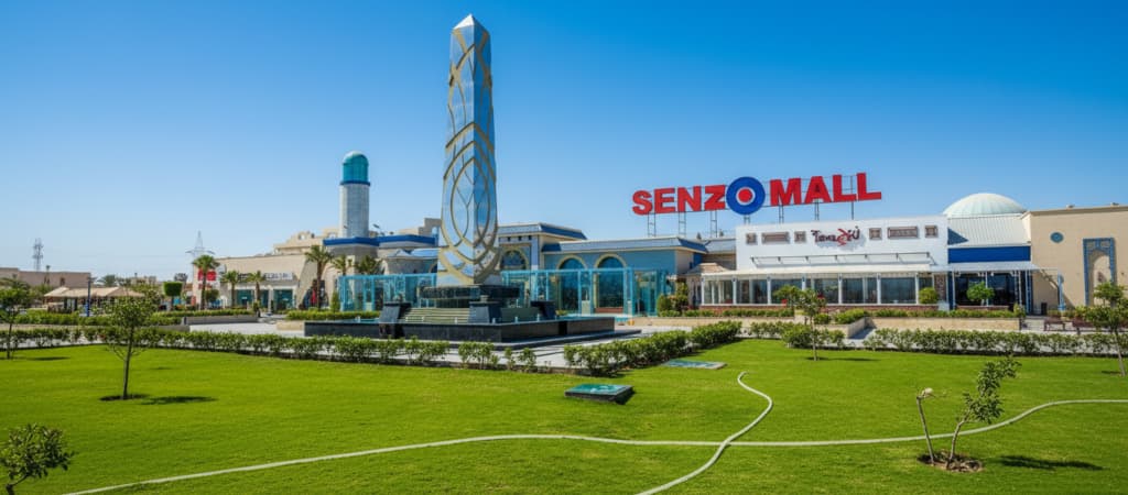Senzo Mall in Hurghada with the obelisk in front.