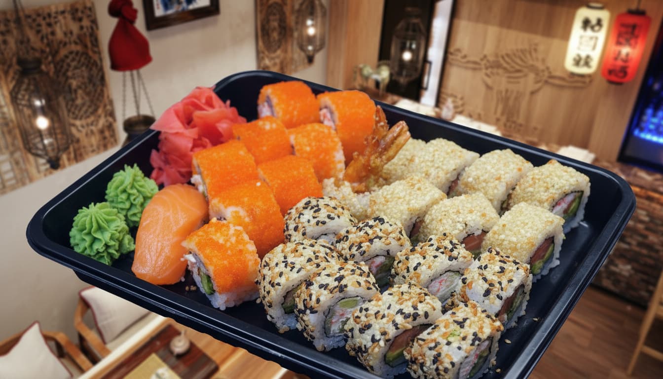 Delicious Syake Sushi platter Fresh salmon sushi and rolls 