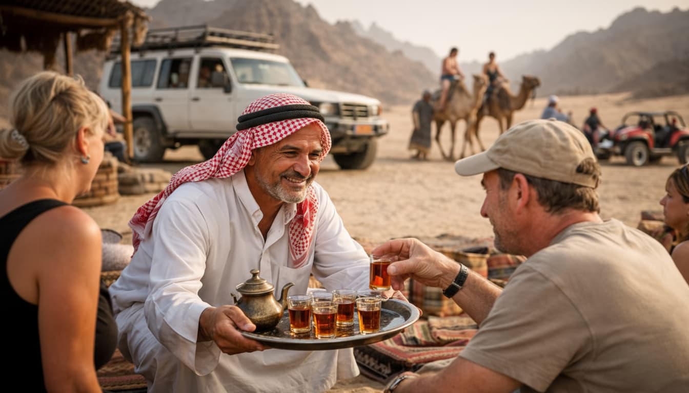 Bedouin man serving traditional tea to European tourists as a guest of social and traditional customs