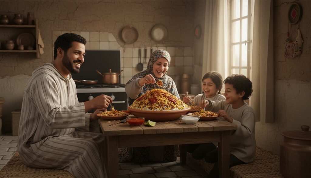 Family around the table with dish on it