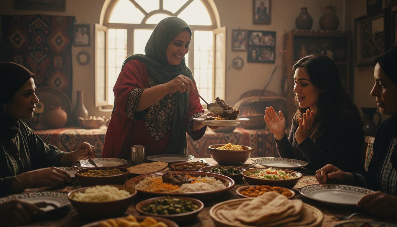 Egyptian mother serving the best portion of food to a guest as a symbol of honor and generosity