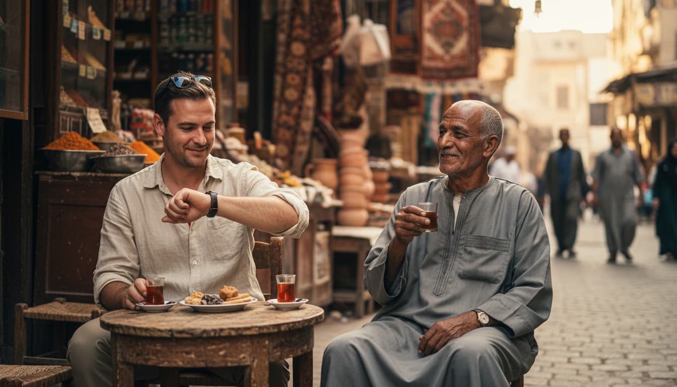 Tourist checking his watch while waiting as locals remain relaxed, reflecting Egypt’s flexible view of time