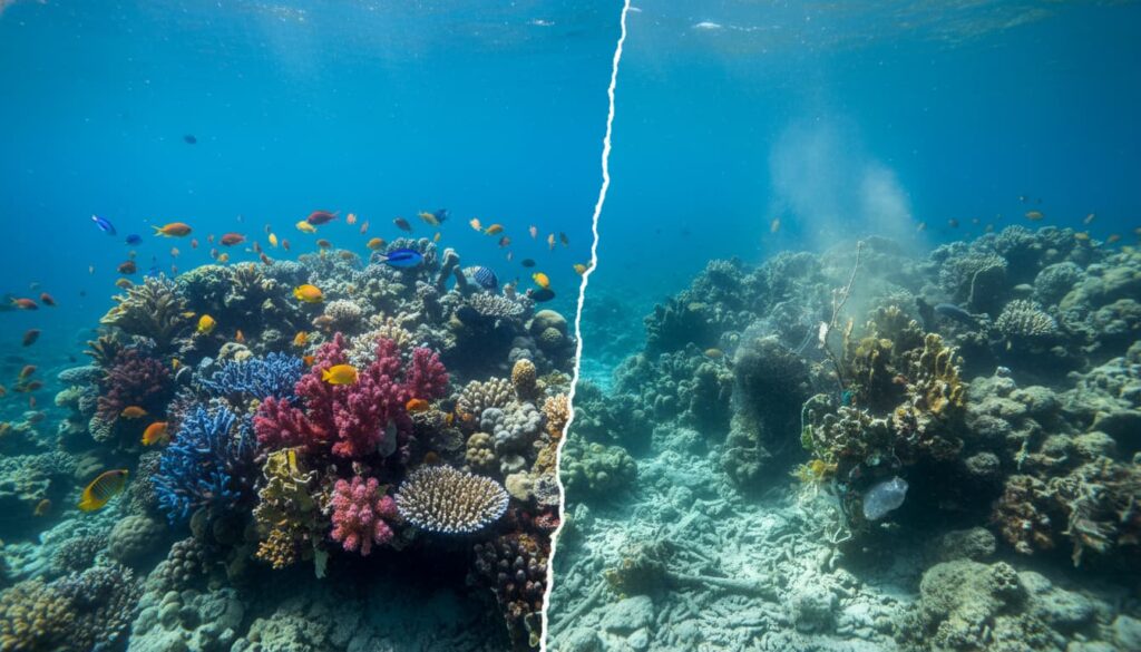 Coral reefs with and without fishes