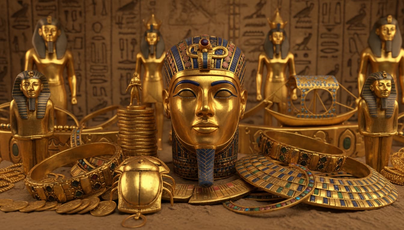 Pharaoh’s treasure glittering with gold and jewels, a haunting reminder of the Curse of the Pharaohs.