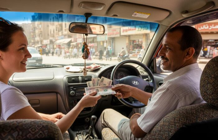 woman is giving money to the local Egyptian driver