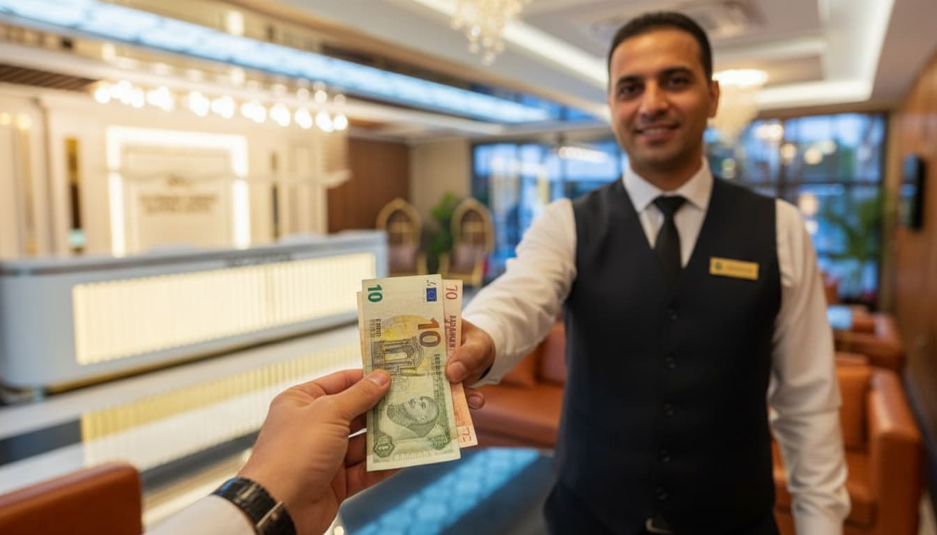 Receptionist is taking money from someone who is not seen on the picture