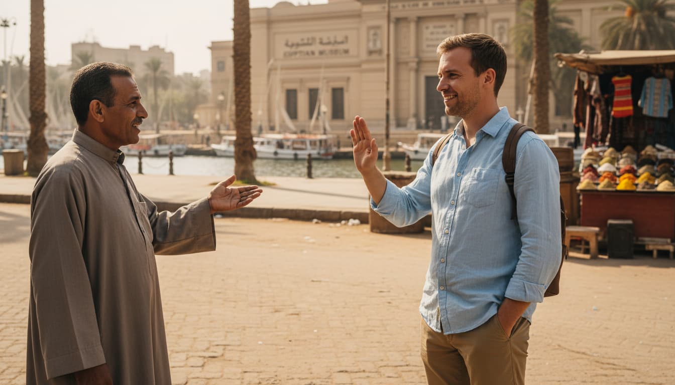 two men on the street in front of a market in conversation