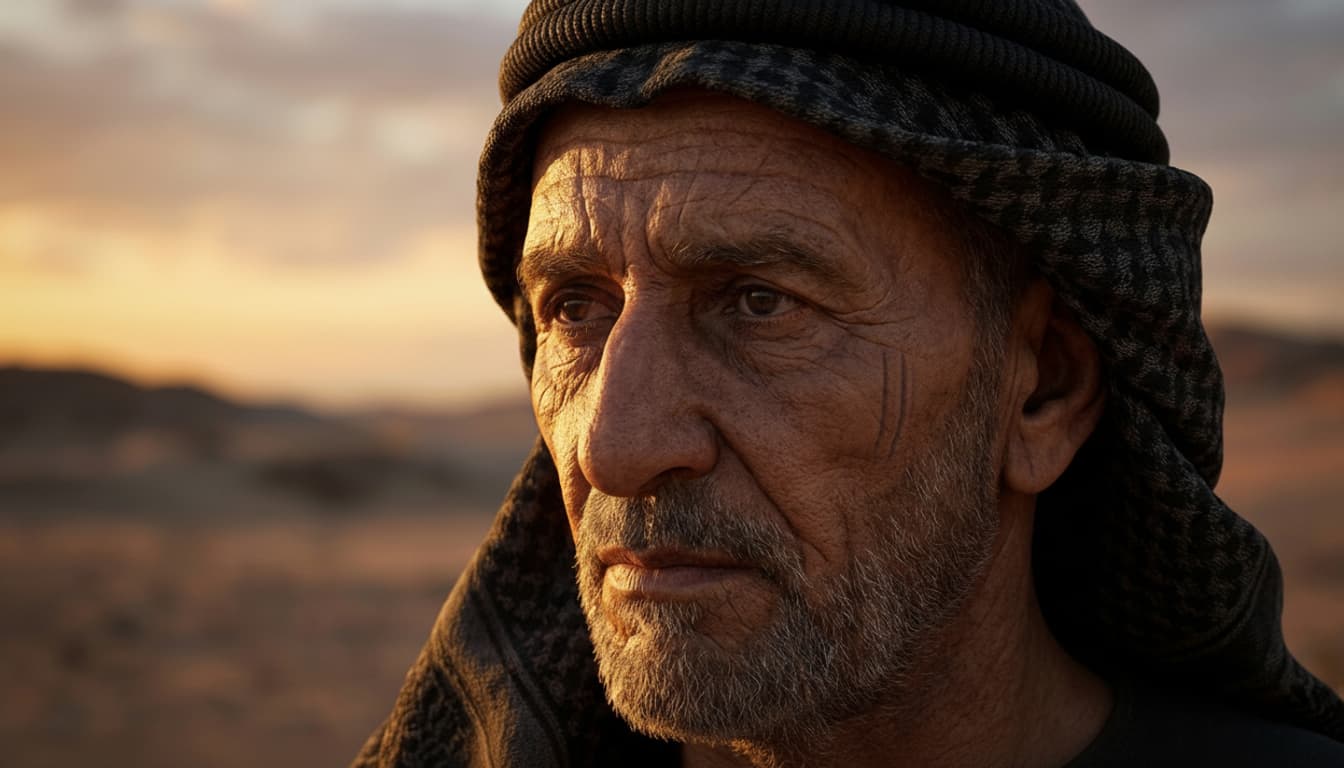 old man standing in the desert looking far away