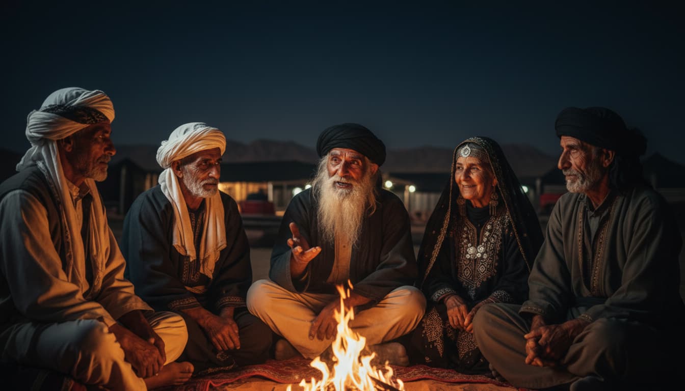 Bedouin elders sitting around a desert campfire at night, telling traditional stories, warm firelight, authentic cultural experience, luxury travel in Egypt