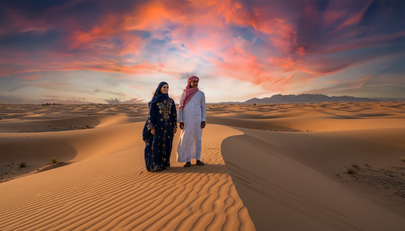 Cinematic wide-angle view of Egypt’s desert near Hurghada and Sinai, Bedouin man and woman in traditional attire with subtle facial markings, golden desert light, luxury travel editorial style, authentic heritage