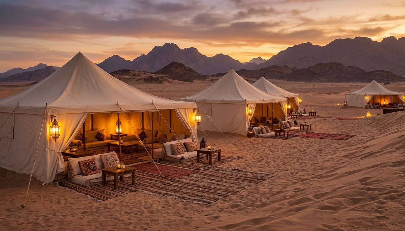 Luxury Bedouin camp in Egypt’s desert at sunset, blending traditional heritage with high-end travel experiences