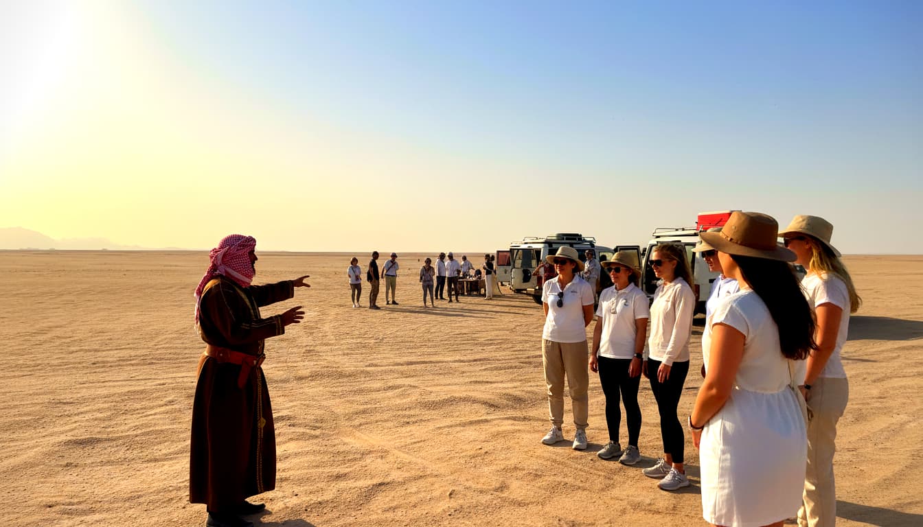 Private desert safari led by a Bedouin guide near Hurghada, offering authentic cultural and luxury travel experiences