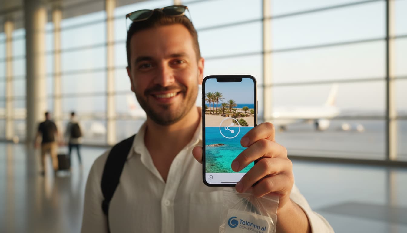 man with phone showing he has internet at airport