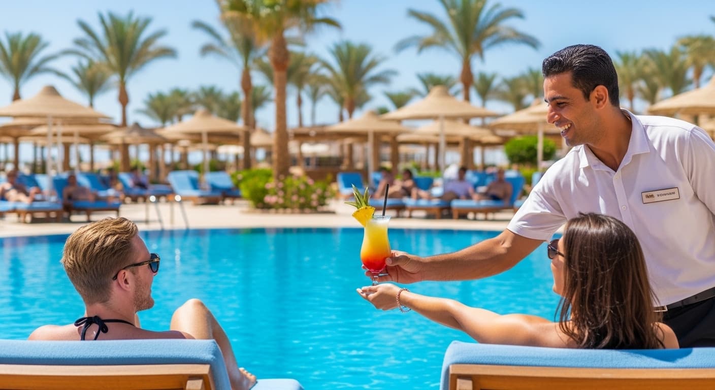 Tourists near swimming pool enjoying cocktails at hotel