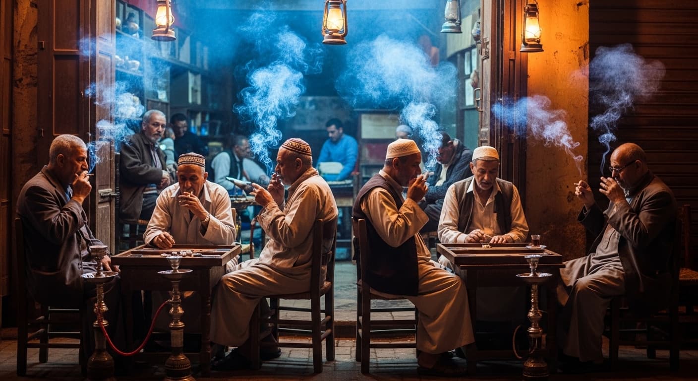 Men smoking in a caffe and playing boardgames 