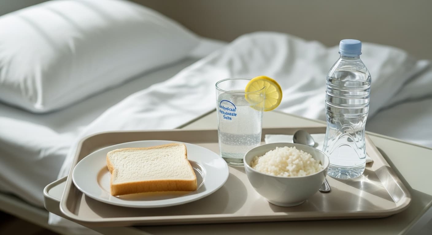 a plate of rice and a piece of bread and a water bottle and a glass of fizzy water on a tray