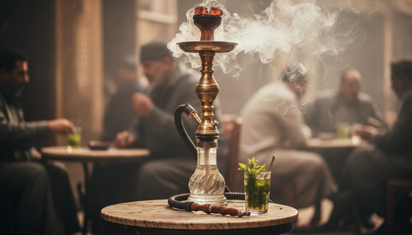  The Egyptian shisha on a table beside it is a glass of green tea