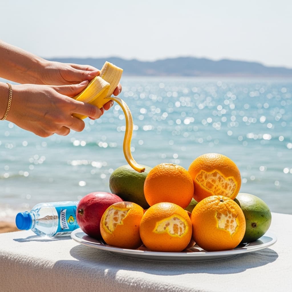 A plate of peeled fruits including Balady bananas and oranges ready to eat safely