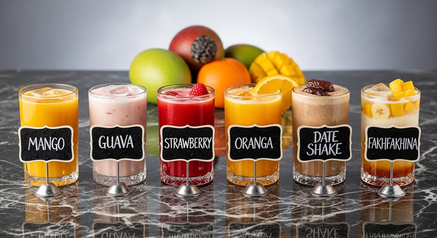 A row of vibrant, freshly squeezed Egyptian fruit juices in glasses at a local juice shop