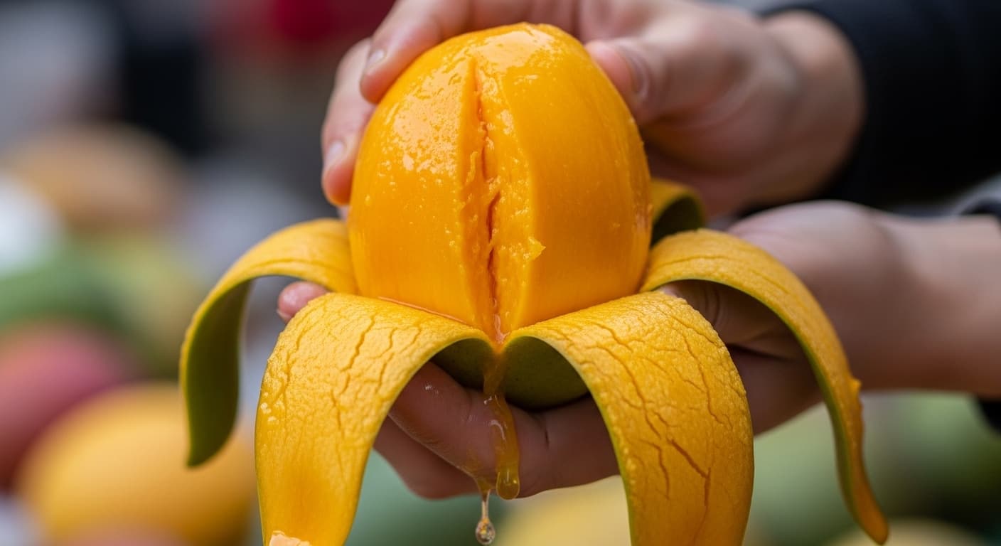 A ripe, juicy Egyptian mango sliced open to show its golden, buttery flesh