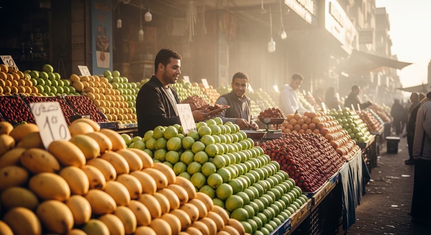 A colorful display of seasonal Egyptian fruits including mangoes and guavas at a local market in Hurghada