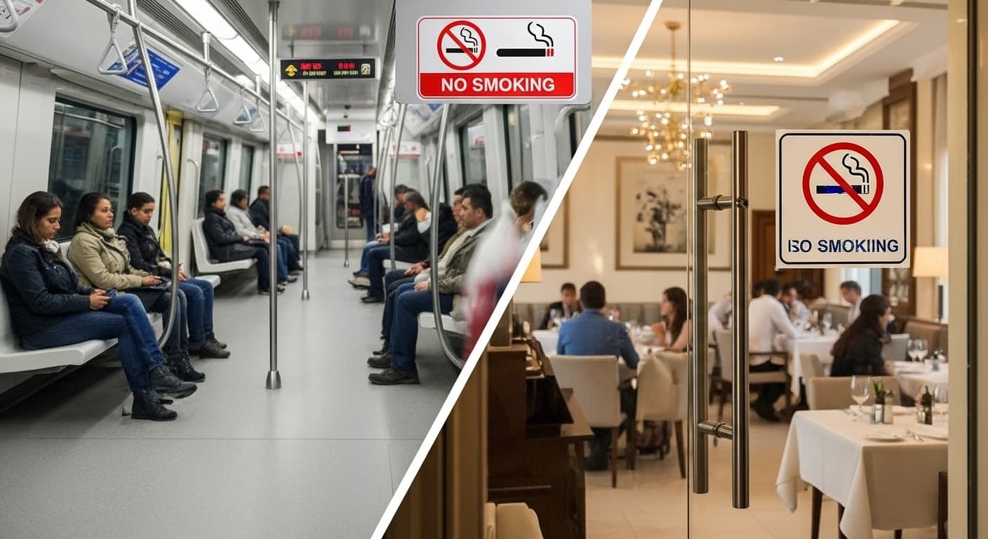 People in a metro and luxury restaurant where smoking is forbidden 
