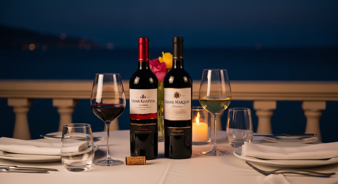 Two bottles of Egyptian wine on a table, showing the unique taste of alcohol in Egypt