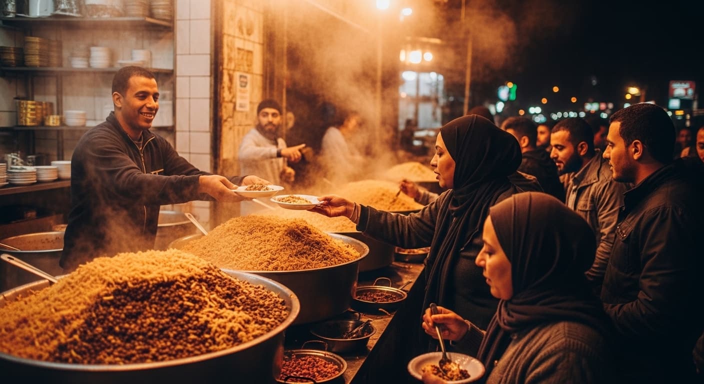 a man selling koshari that is smoking to men and women