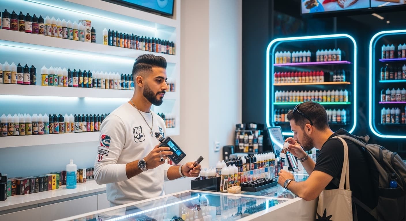 two men are in a cigarette shop one is buying and the other selling