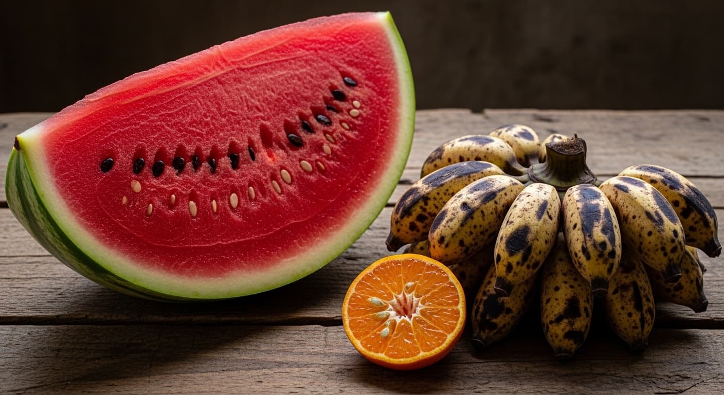 A display of sweet Egyptian fruits including Balady bananas, red watermelon, and winter citrus
