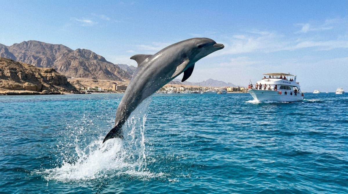 Happy bottlenose dolphin leaping above the waters of Hurghada