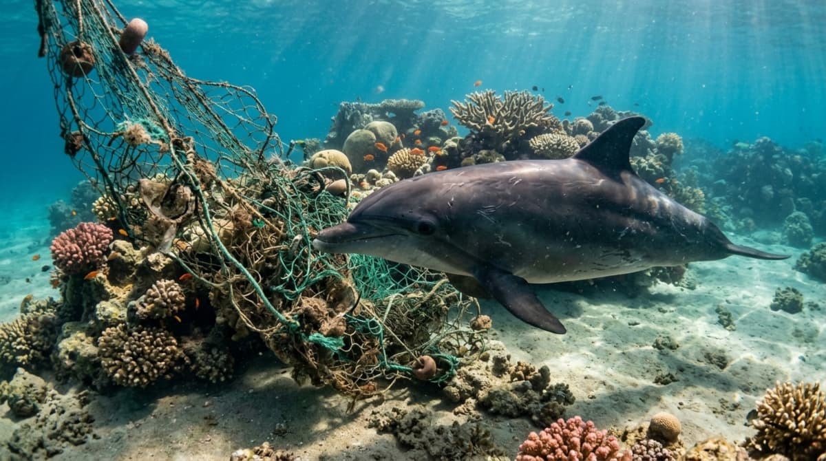 Dolphin swimming near a discarded fishing net in the Red Sea